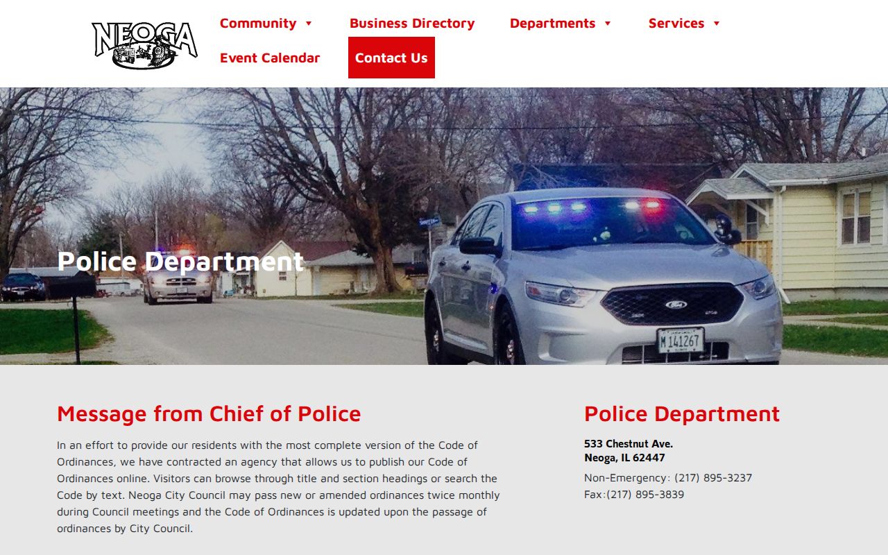 Captured Neoga Police Department source page used to verify local police contact information
