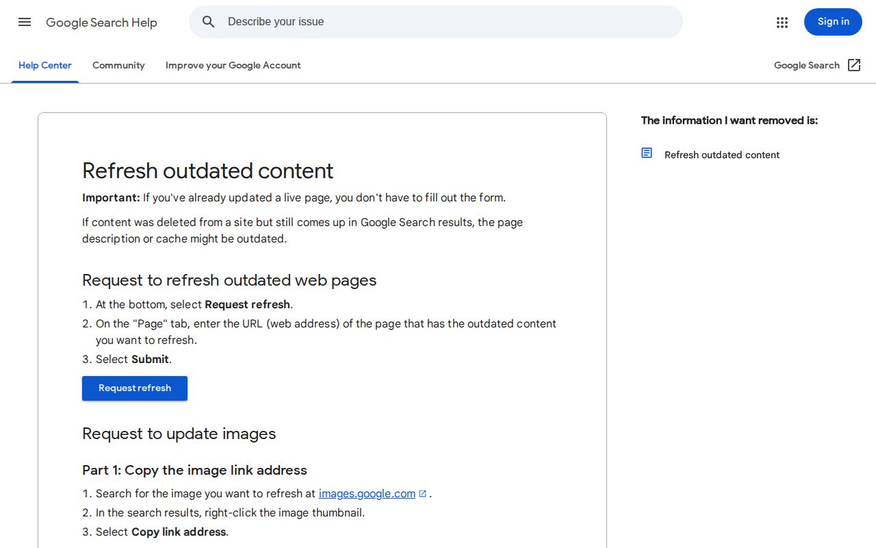 Google help page for refreshing outdated search results